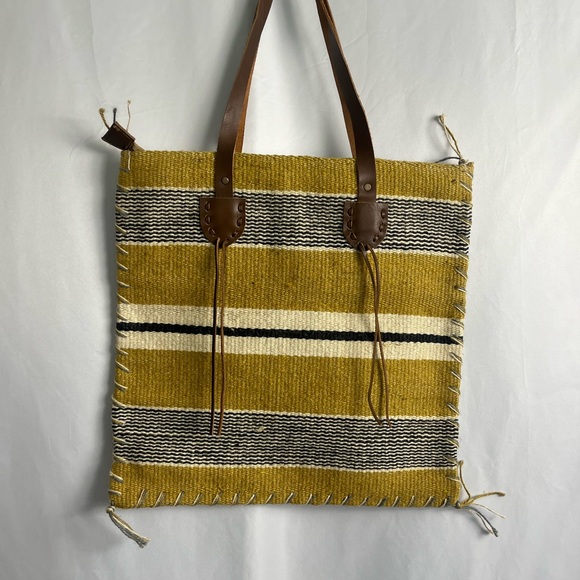 Striped Mustard Woven Tote with Brown Leather Handles - Picture 2 of 4